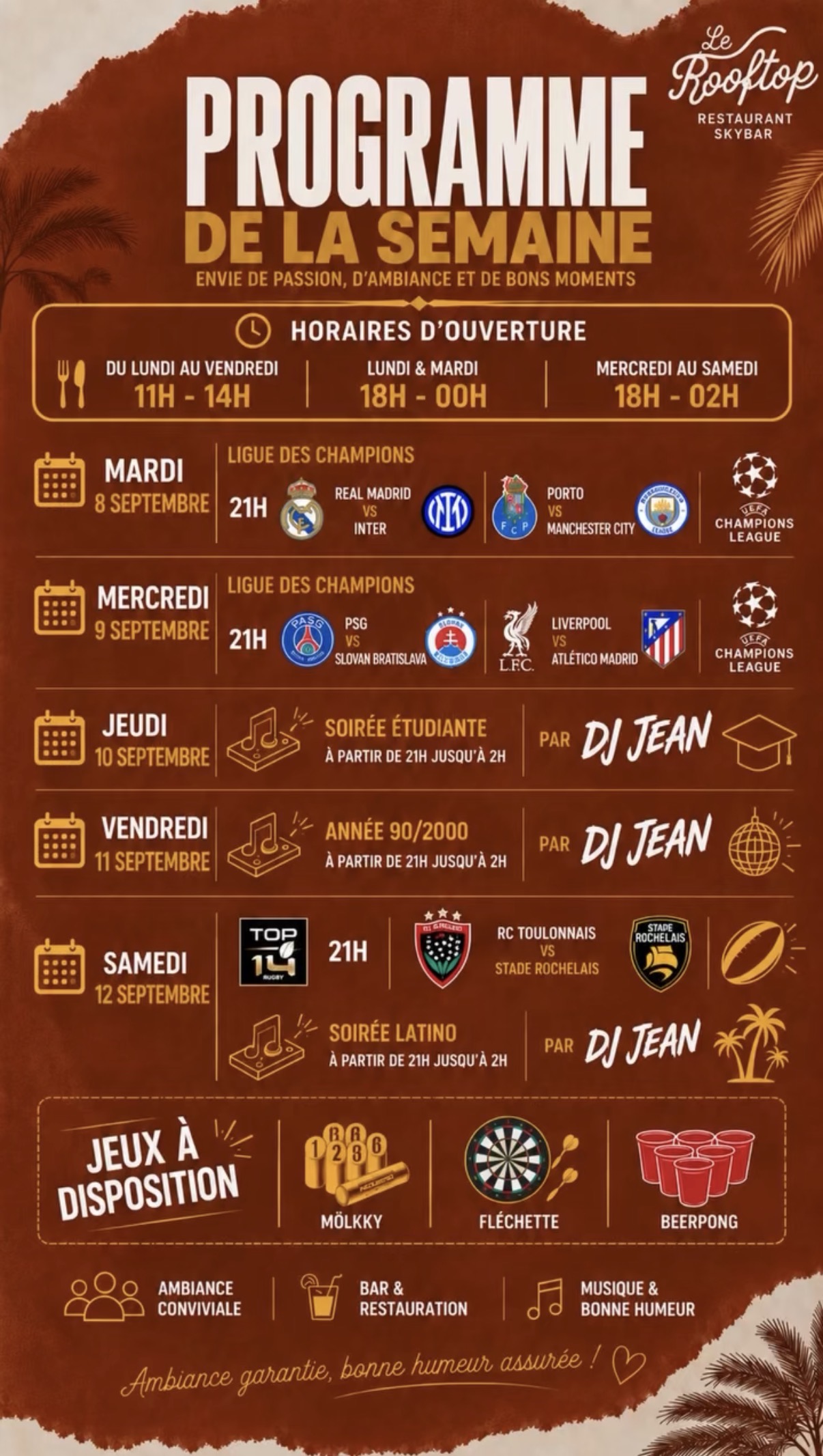 programme en image du restaurant le Rooftop